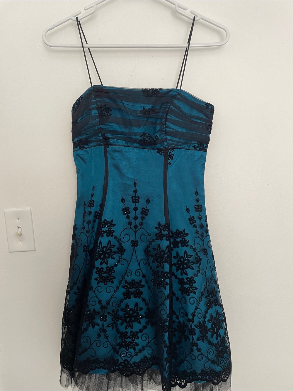 Blondie Nites Teal and Black Strapless Embroidered Cocktail Dress
